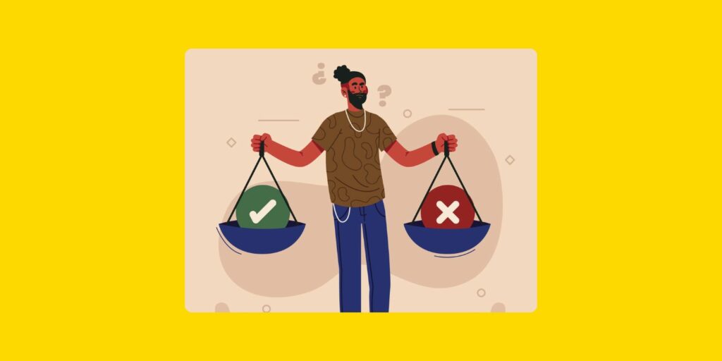 Illustration d’un homme tenant une balance avec un symbole de validation et un symbole d’erreur, représentant les dilemmes des grands donateurs américains face à leurs choix philanthropiques.