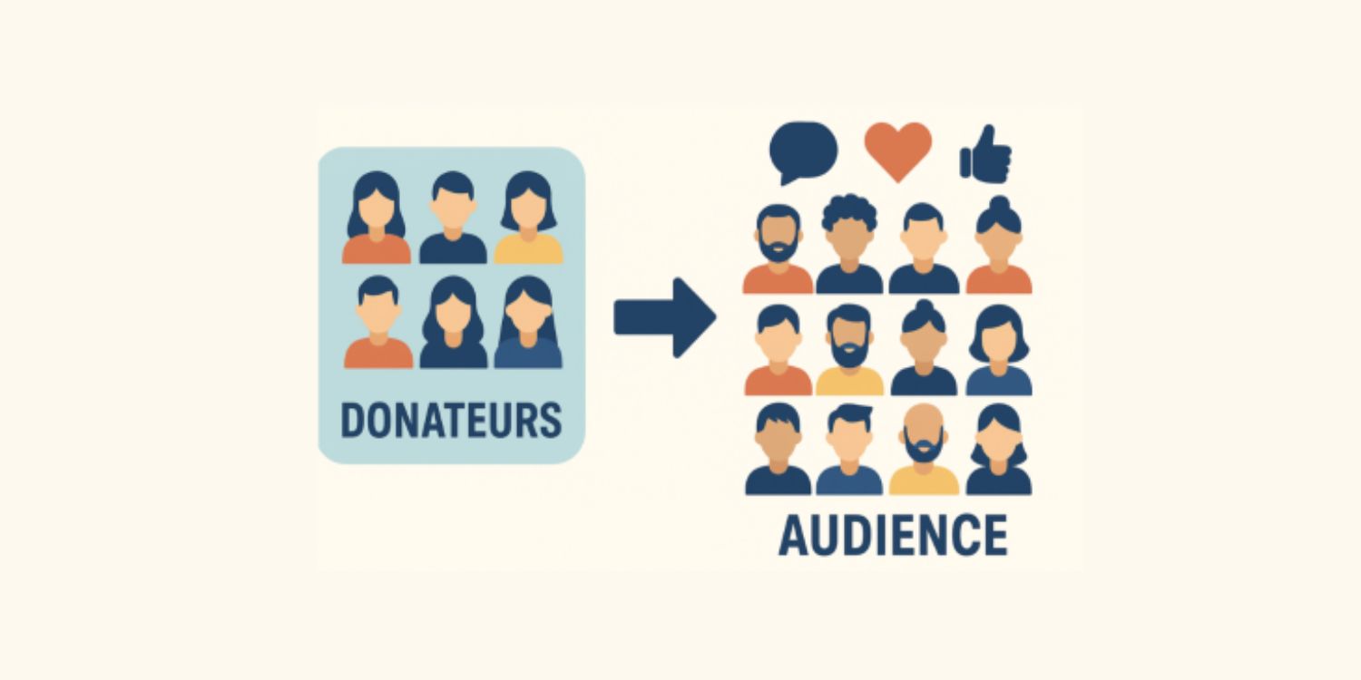 Image divisée en deux partie : d'un côté 6 silhouettes soulignée par le mot donateur, de l'autre 12 silhouettes soulignées par le mot audience. Une flèche part de la partie donateur vers la partie audience