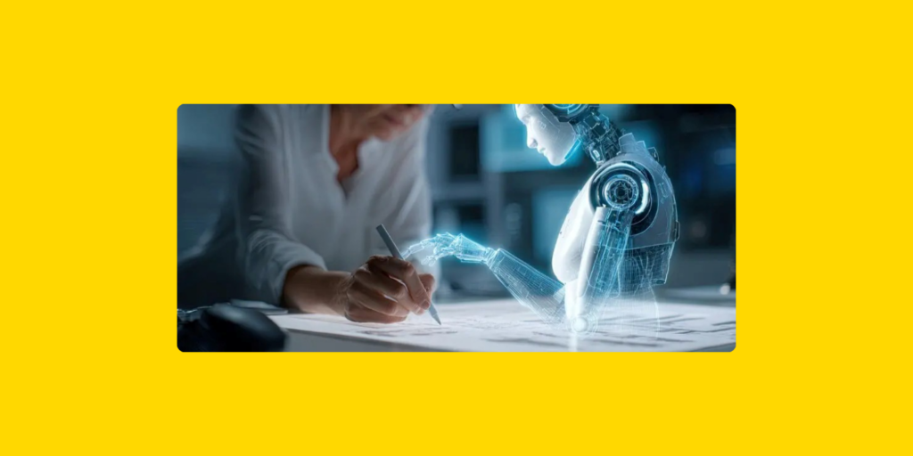 Interaction entre un humain et une intelligence artificielle humanoïde, collaborant sur un document, illustrant l’usage de l’IA dans l'écriture de lettres, dans les métiers du fundraising.