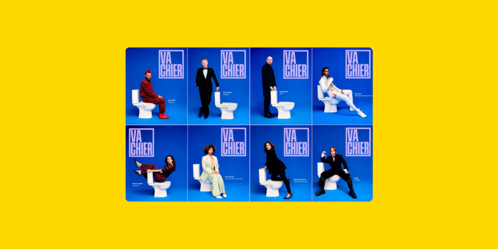 Série d’affiches de La Ligue contre le cancer montrant différentes personnalités assises sur des toilettes pour promouvoir le dépistage du cancer colorectal.