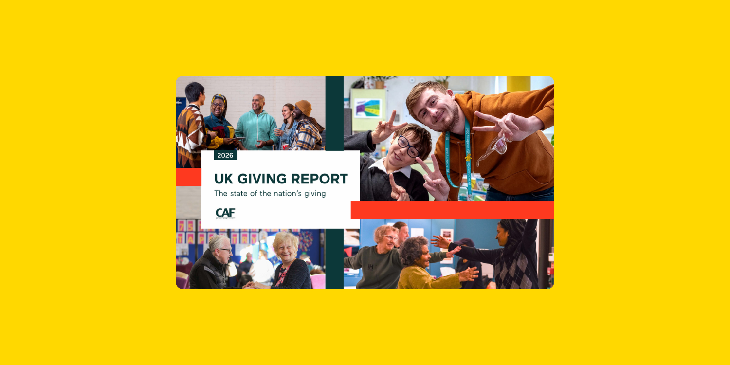 Visuel du UK Giving Report 2026 illustrant la générosité au Royaume-Uni avec différentes scènes de solidarité et d’engagement communautaire.