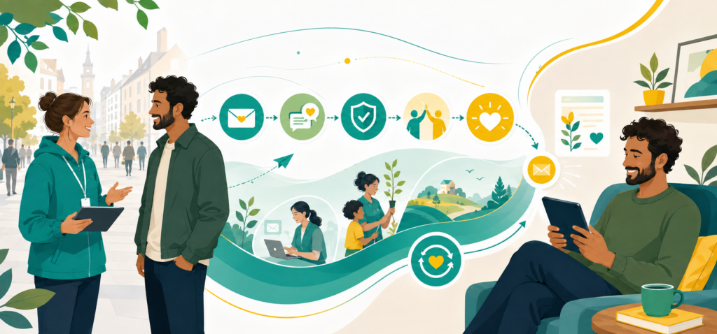 Illustration du parcours donateur via des personnages dessinés : rencontre avec le fundraiser dans la rue, puis phase administrative et enfin phase d'engagement