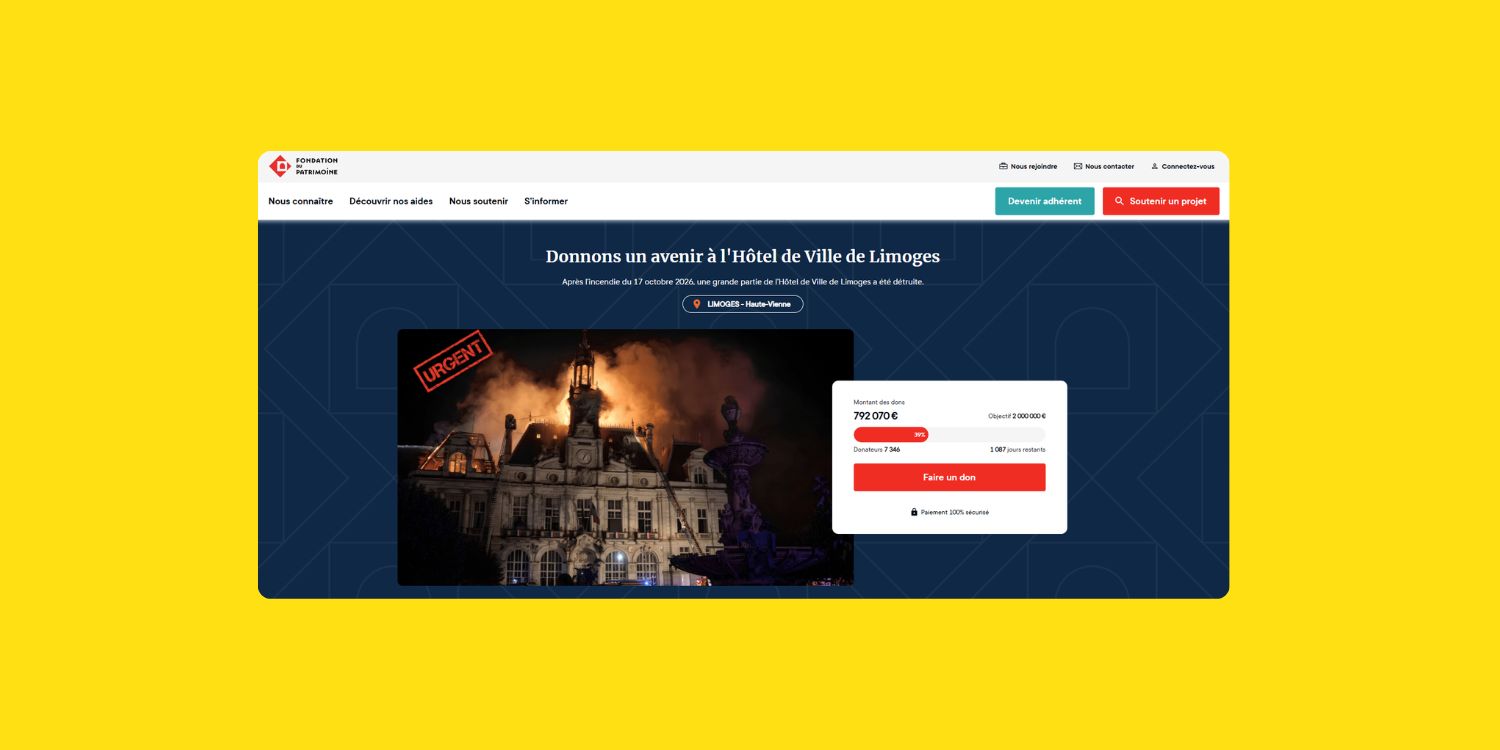 Capture d’écran de la cagnotte de la Fondation du patrimoine pour la reconstruction de l’Hôtel de Ville de Limoges, illustrée par une photo de l’incendie du 17 octobre 2026.