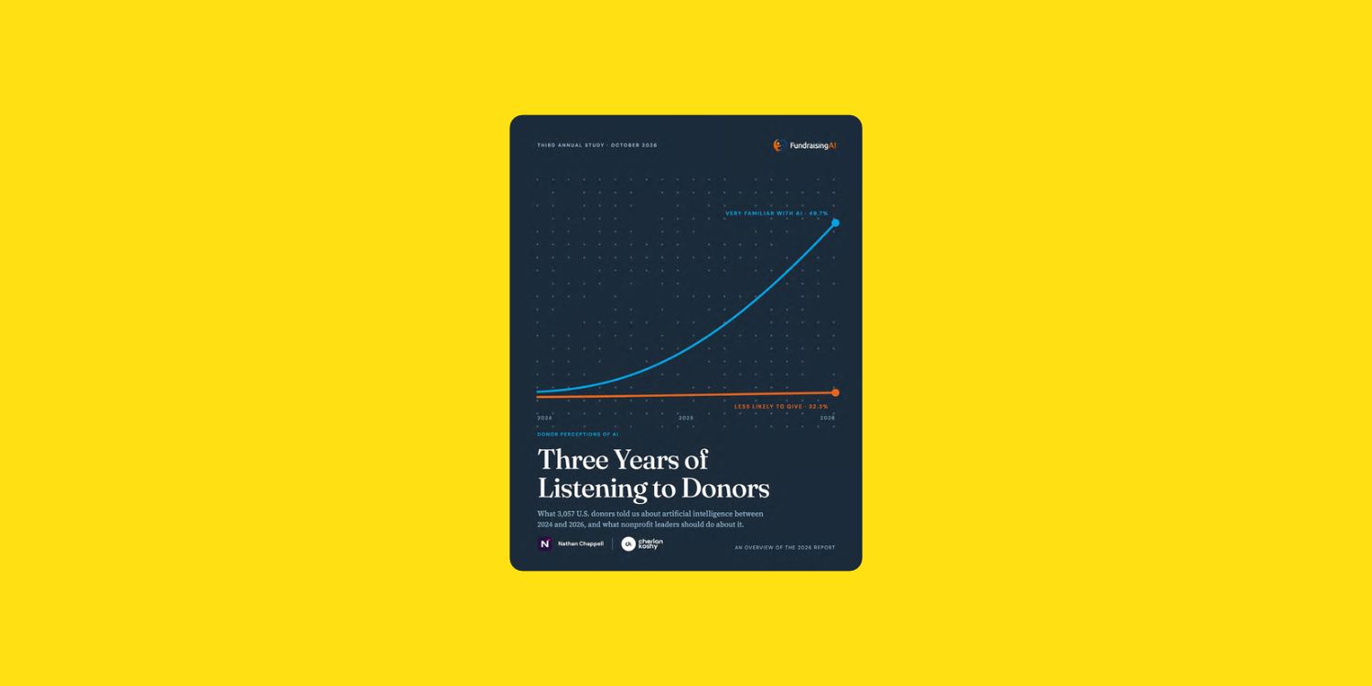 Couverture de l’étude 2026 « Three Years of Listening to Donors » de Fundraising.AI, consacrée à la perception de l’intelligence artificielle par les donateurs.